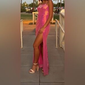 Pink Asymmetrical Slit Gown. Only worn once. Size 7. Excellent condition.